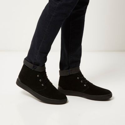 Black suede lace-up trainer boots